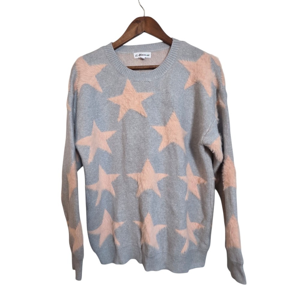 Macaron Gray Pink Star Print Knit Crewneck Sweater Pullover Small 053 bin - Picture 4 of 16